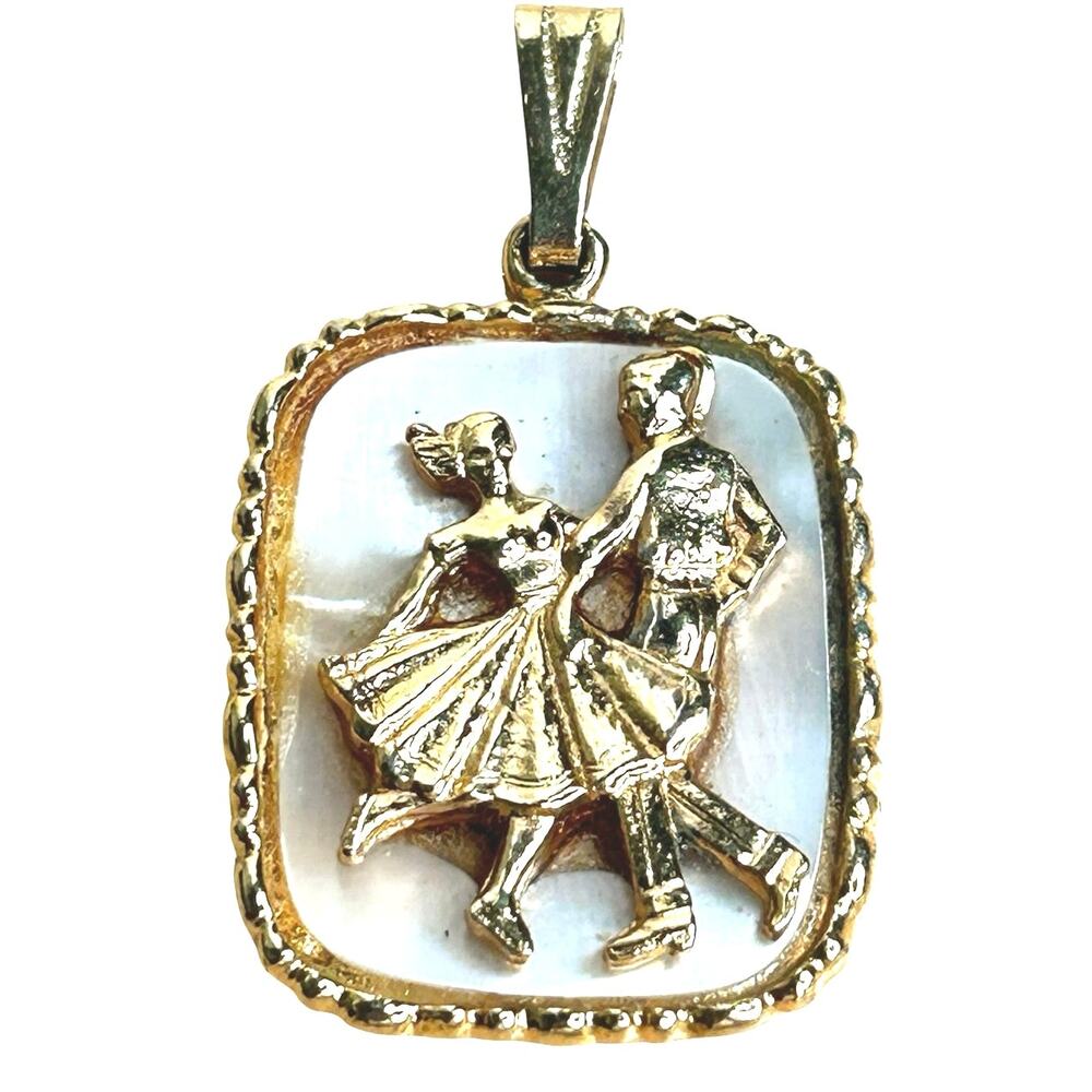 Vintage Gold Tone Mother of Pearl Dancing Couple Pendant